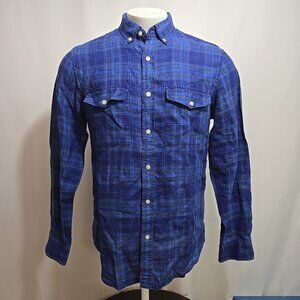 Banana Republic 100% Linen Shirt Mens Size Medium Slim Fit Blue Plaid